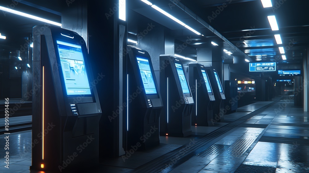 Fototapeta premium A futuristic train station with 3D-rendered ticket kiosks and 2D glowing real-time arrival updates. 4k resolution, Cinematic Scene