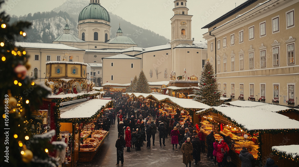 Naklejka premium Salzburg Christkindlmarkt, the aroma of cinnamon and baked goods fills the air, visitors in thick coats enjoy warm drinks amidst the bustling market atmosphere, Ai generated images