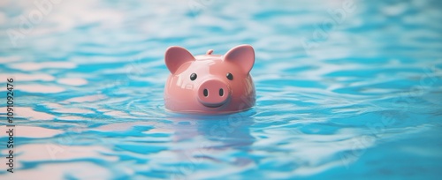 A vibrant pink piggy bank floats gracefully on the surface of a sparkling blue swimming pool, symbolizing saving, leisure, and summer fun in a colorful and inviting setting.