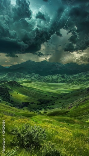 Stunning dagestani mountain range under thunderous storm clouds showcasing nature s raw beauty photo