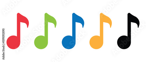 Music icon set. Different colour music note icons isolated on white background. Line and glyph music key. Note music sign and symbol.