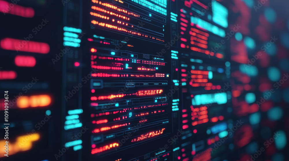 Naklejka premium Digital terminal displaying advanced hacking software with glowing data