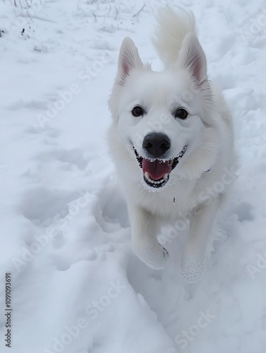 A cheerful white dog playing joyfully in the snow, showing off its fluffy coat and big smile. photo