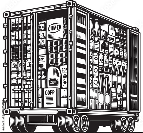 Full Freight Container Packed with Food Products. A detailed, graphic illustration of a trucking container, wide open to reveal an abundance of various food and beverage items.