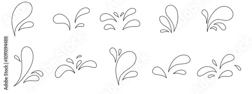 Splash with droplets set. Hand drawn droplet compositions. Splash and drops icons. Water drops shapes, liquid burst splashes.