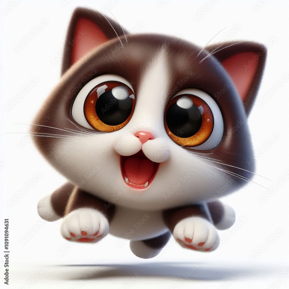 Fototapeta premium Cartoon cute cat, jumping eyes, expression of surprise, picarona look, full body, on the ground, hyperrealistic 3d style, with a white background