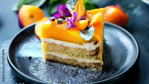 Delicious Layered Cake with Fresh Fruit and Flowers Perfectly Displayed on a Plate
