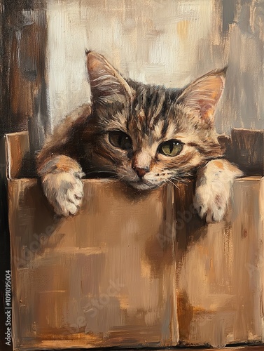 A charming cat peeks out from a cardboard box, showcasing curiosity and playfulness in a cozy setting. photo