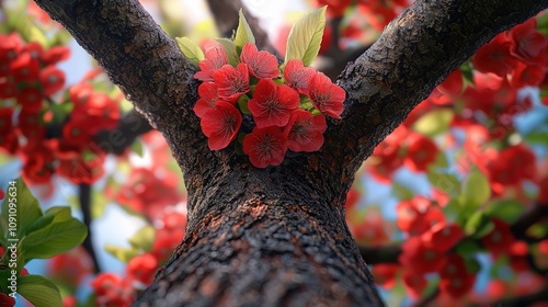 Vibrant red flowers blooming on a tree trunk in a sunlit garden photo