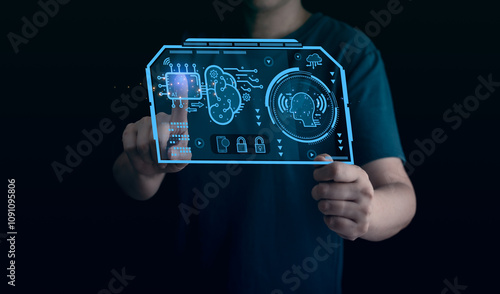 Experience the future of digital innovation with AI interface, where smart technology meets automated services to enhance online communication. A businessman interacting with a virtual screen.