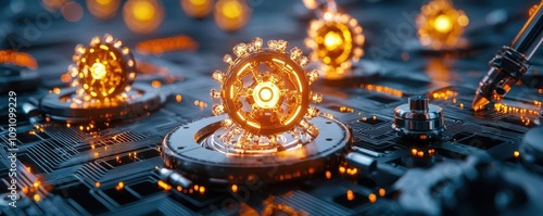 Wallpaper Mural Futuristic nanomaterial research, glowing molecules, holographic tools in use Torontodigital.ca