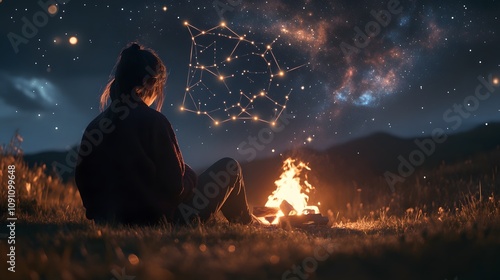 A woman sitting by a campfire, with holographic constellations and star maps appearing above her. 4k resolution, Cinematic Scene