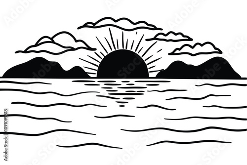 Sunset over the sea line art vector illustration