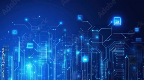 Wallpaper Mural A digital circuit design with glowing blue elements representing technology and connectivity. Torontodigital.ca