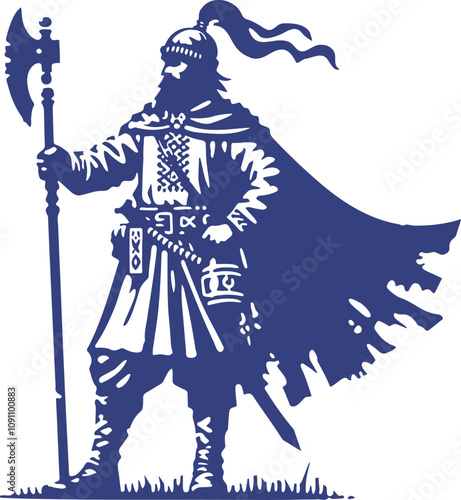 Silhouette of a Medieval Warrior Holding an Axe in a Detailed Vector Art Style Suitable for Historical Illustrations and Graphic Design Projects