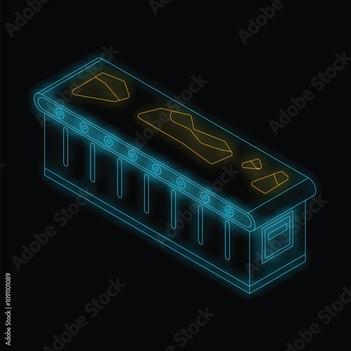 Neon icon of a mining machine working and extracting ore in a mine