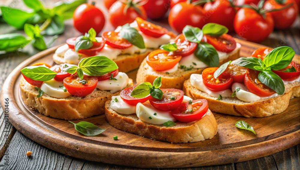 Tomato bruschetta with basil on wooden platter Tomato bruschetta with basil on wooden platter