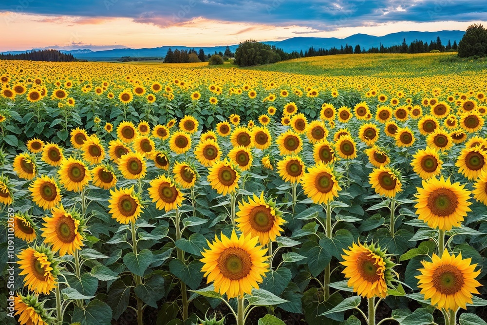 Fototapeta premium Vibrant Summer Sunflower Field in Stunning Natural Landscape