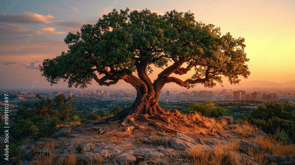 Majestic oak tree on rocky hill overlooking city at sunset Majestic oak tree on rocky hill overlooking city at sunset