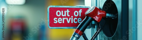 Close-up of a fuel nozzle resting in a gas pump, accompanied by a red 