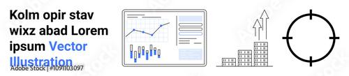 Bar and line charts, arrow pointing upwards, stacked coins, and a bullseye. Ideal for business analysis, financial growth, strategic planning, investment strategies, performance tracking, data