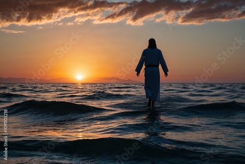 Serene Sunset Atmosphere Featuring Jesus Walking on Galilee Waves photo