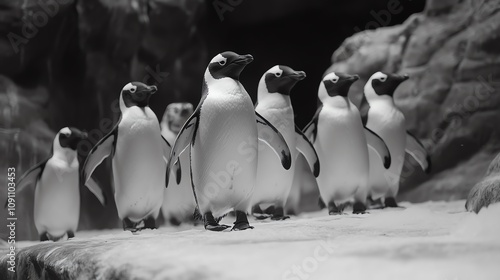 A charming group of penguins waddling together in black and white, showcasing their playful nature and social behavior. photo