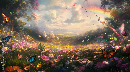 Rainbow Background Landscape and Image - A vibrant, enchanting landscape filled with colorful flowers, butterflies, and a rainbow.