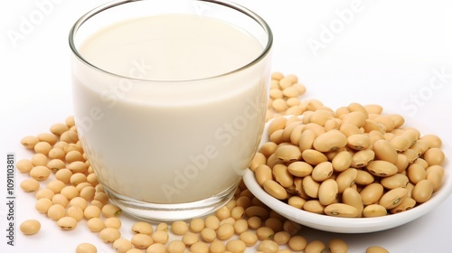 Fresh Soy Milk in Glass Beside Soybeans on White Background