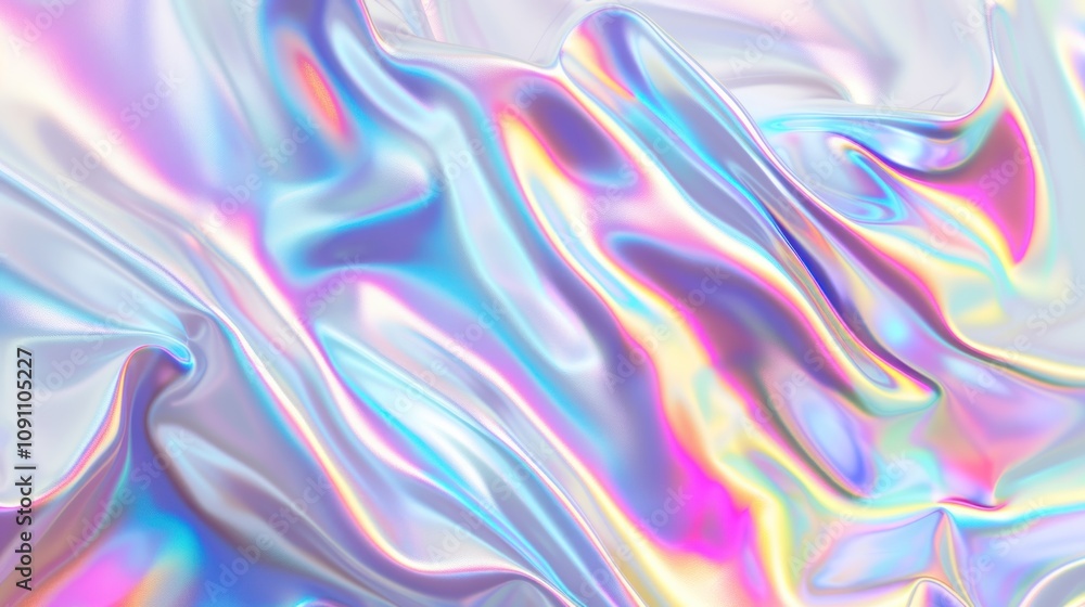 Fototapeta premium A vibrant, iridescent fabric texture with flowing waves of color.