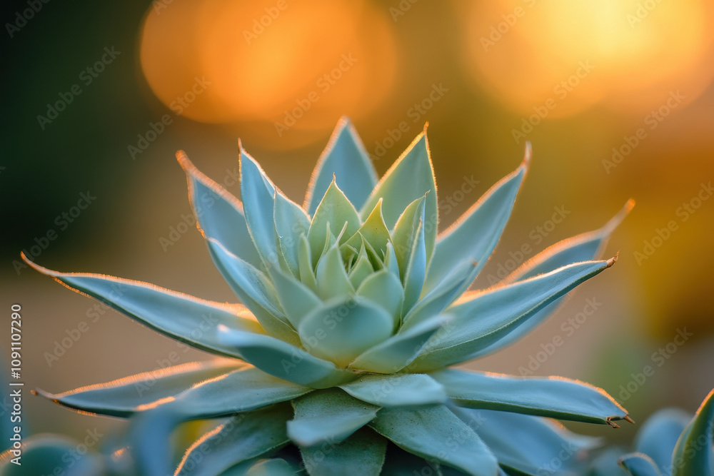 Fototapeta premium Close-up of a vibrant succulent with green leaves, glowing against a warm, golden bokeh background, highlighting the plant's geometric beauty at sunset.