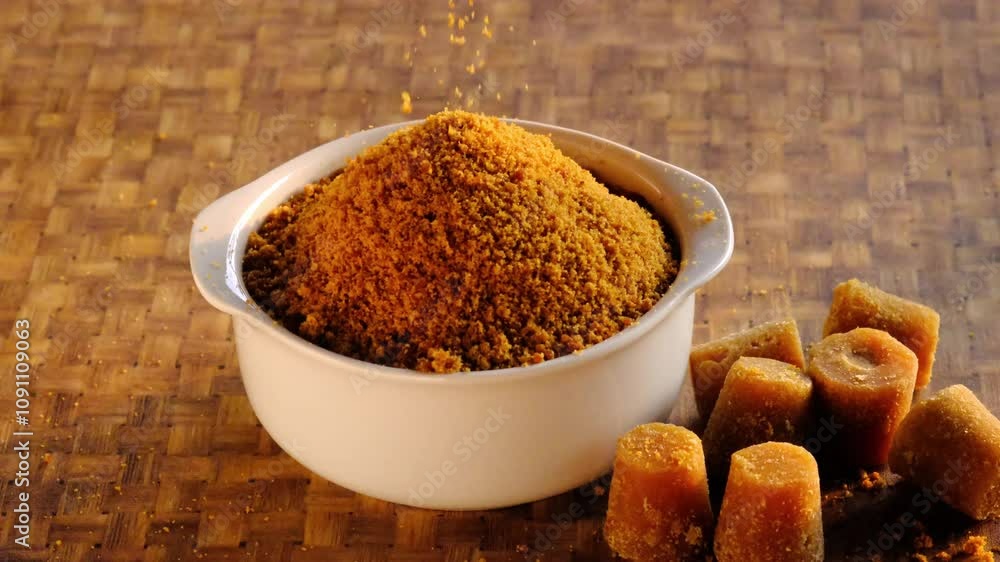 Jaggery powder with jaggery cubes. Jaggery is used as an ingredient in ...