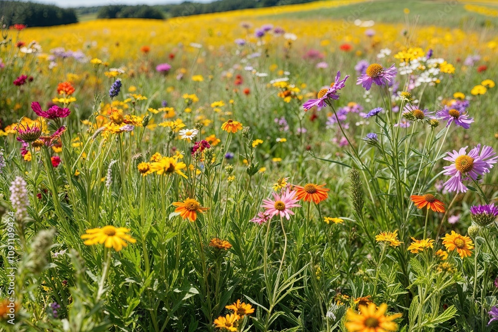 Fototapeta premium Vibrant Wildflower Meadow in Sunny Landscape Ideal for Nature Lovers