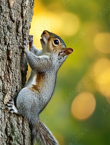 A curious squirrel climbs up a tree, showcasing its agility against a blurred green background. photo