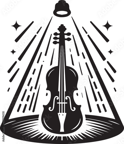 Vintage Violin Under Spotlight, Music Performance Art. A stylized black and white illustration of a violin positioned as if on a stage, bathed in a spotlight.