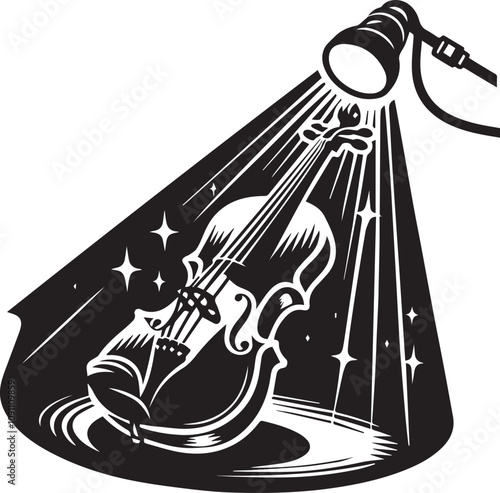 Vintage Violin Under Spotlight, Music Performance Art. A stylized black and white illustration of a violin positioned as if on a stage, bathed in a spotlight.