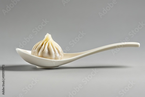 Green SquasPork and Roasted Garlic Xiao long bao steamed bun dumpling served in spoon isolated on grey background side view of hong kong food 