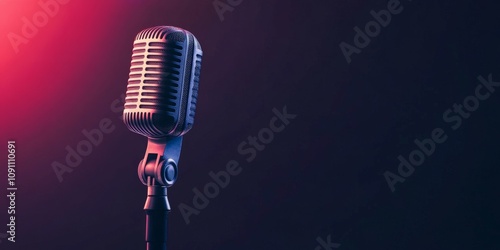 Voice Speech and Emotion Series Classic microphone against a dark background with dramatic lighting, perfect for music, performance, or podcast themes.