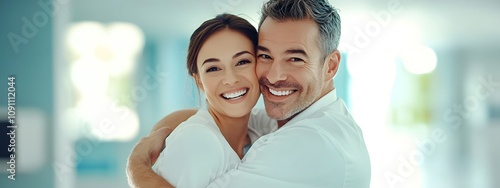 A happy middle-aged couple in white hugging each other. The man is carrying his wife on his back, and they both have big smiles with clean teeth
