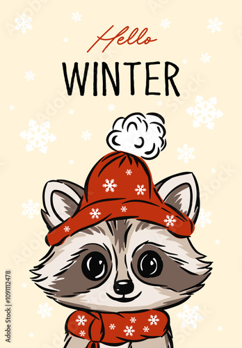 Hand drawn greeting card Hello winter with cute animal, kids design, vector illustration