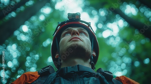 Adventurer with action camera exploring lush forest from ground view photo