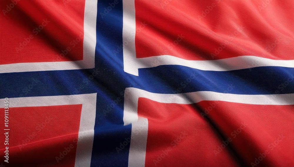 Fototapeta premium Vibrant and Textured Norwegian Flag Waving in the Breeze. Symbol of National Pride and Nordic Heritage. Perfect for Cultural Presentations, Travel Guides, or Scandinavian Themed Projects