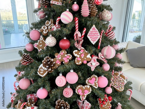 Close-up of Christmas tree decorated with edible ornaments candies photo