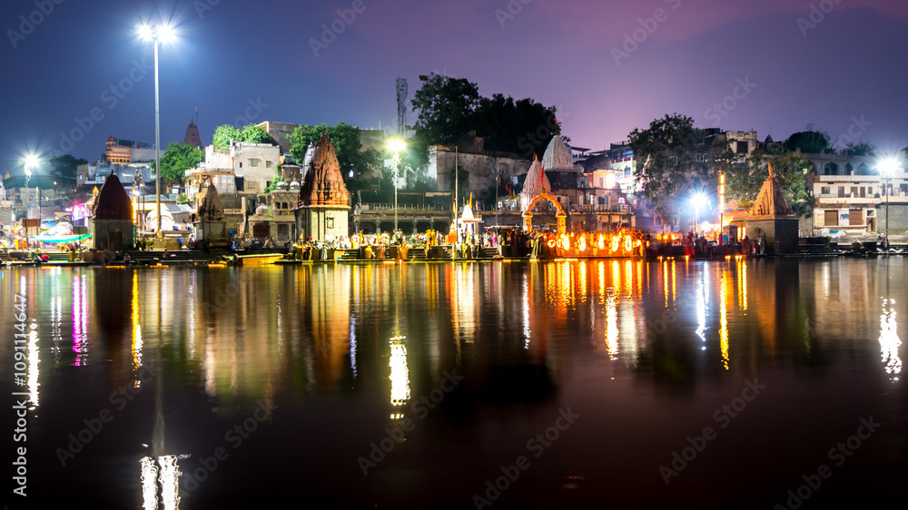 Fototapeta premium Ram Ghat Ujjain is located on the bank of the river Shipra. The evening Kshipra aarti is one of the best attractions at Ram Ghat.