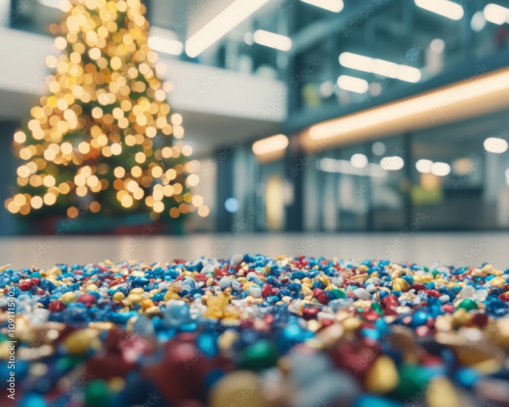 Obraz premium Colorful holiday sweets on table near a decorated tree natural winter light