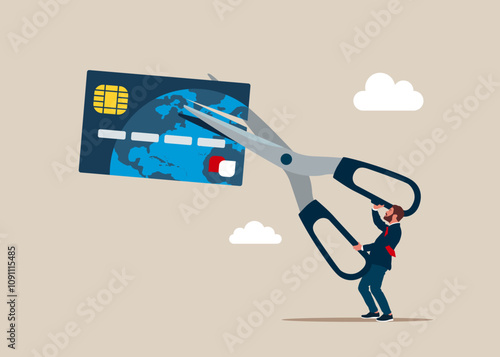 Businessman uses scissors to cut credit card with scissors. For stop to pay money protect crisis cost. Flat vector illustration. 