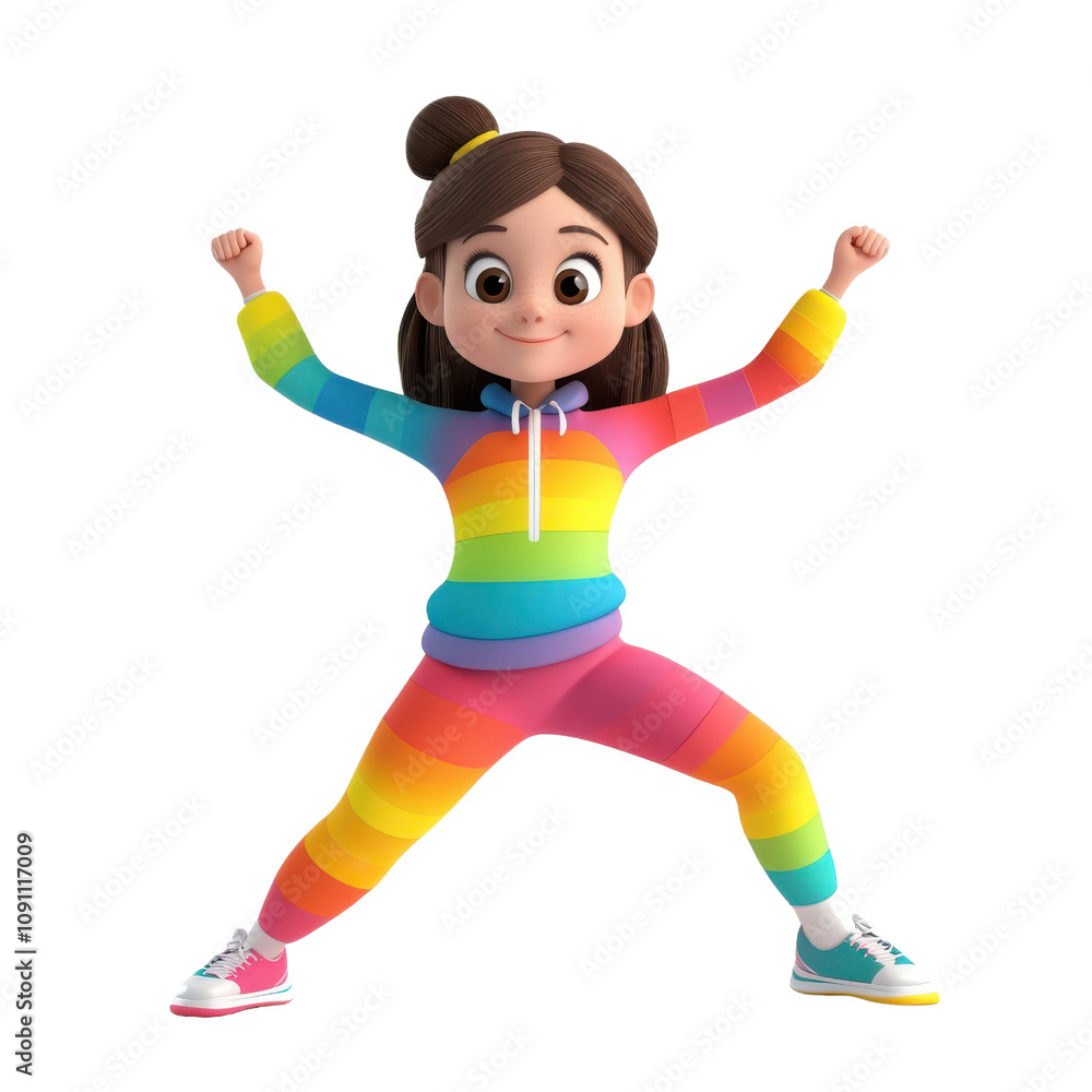 Cheerful Cartoon Girl in Colorful Rainbow Outfit Expressing Joy and Confidence with Raised Fists in a Fun Pose Ideal for Children’s Content and Illustrations Cheerful Cartoon Girl in Colorful Rainbow Outfit Expressing Joy and Confidence with Raised Fists in a Fun Pose Ideal for Children’s Content and Illustrations