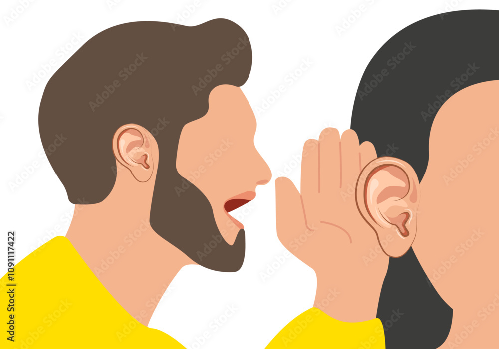 Man holds his hand near her ear. Deafness concept. Listening or hearing and speaking. People talking. Vector illustration. Man holds his hand near her ear. Deafness concept. Listening or hearing and speaking. People talking. Vector illustration.