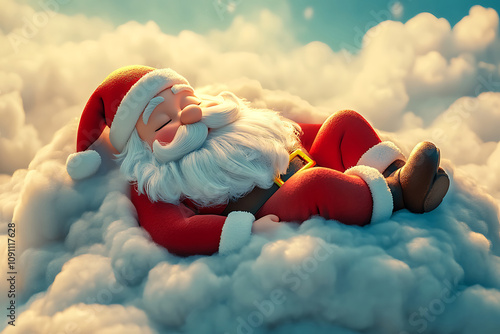 Santa Claus peacefully sleeping on a fluffy cloud. Merry Christmas.