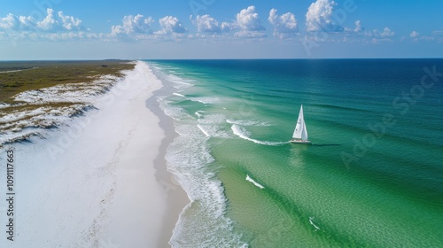 A stunning coastal view of white sand, clear ocean water, and a sailboat resting on the shore, with waves gently lapping at the beach